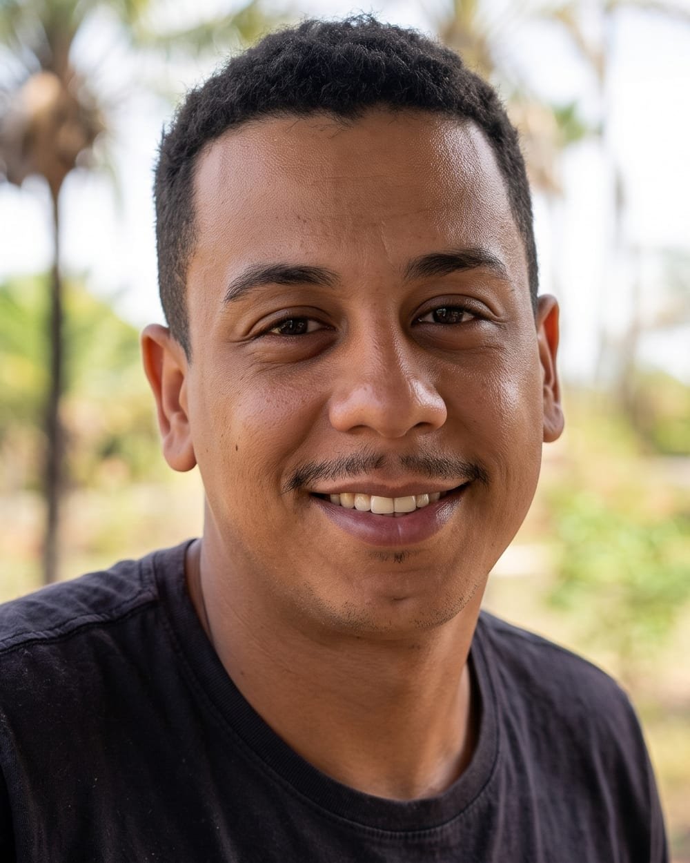 João sorrindo ao ar livre, no meio do verde